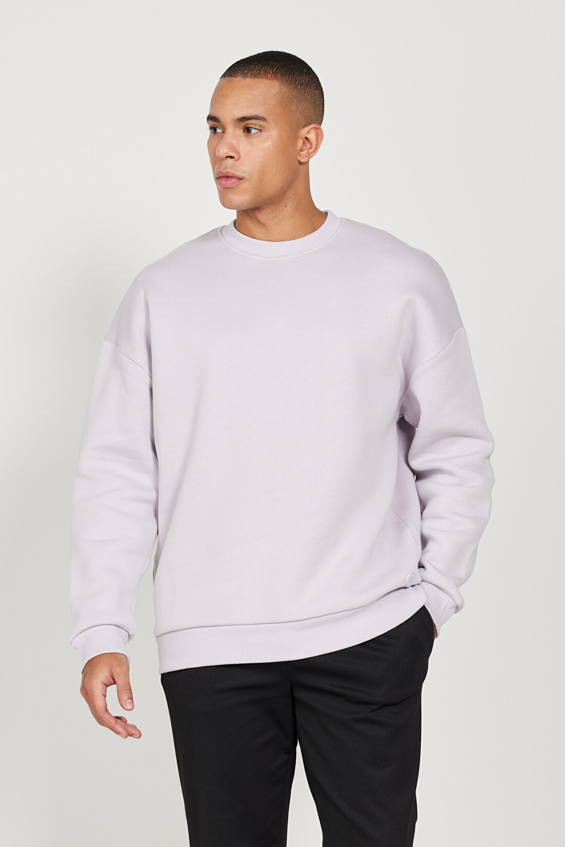 Erkek Lila Oversize Fit Bol Kesim Pamuklu İçi Polarlı Bisiklet Yaka Sweatshirt