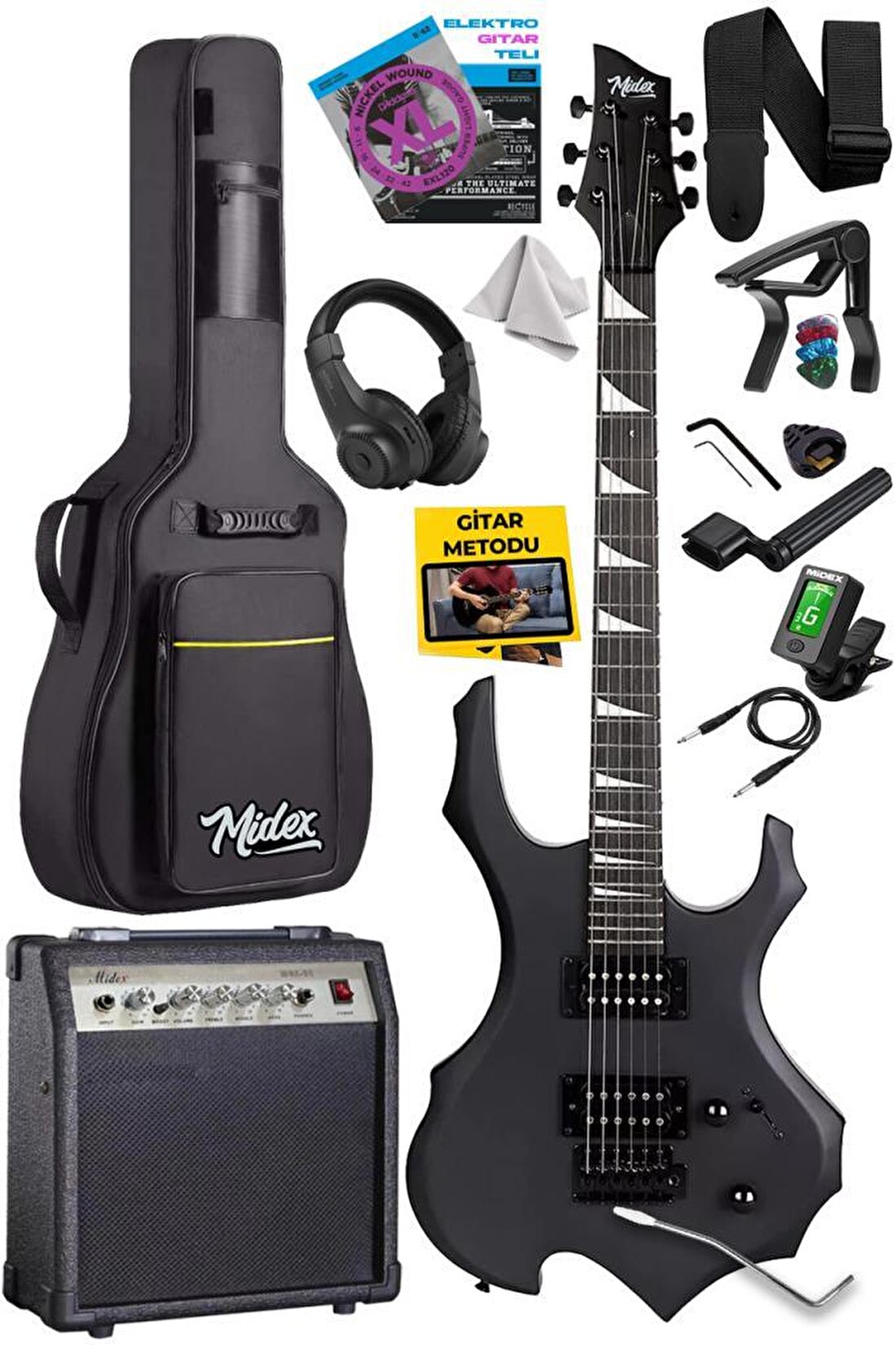 Midex Force-AMP30 Üst Seviye 30 Watt Amfili Elektro Gitar H-H Profesyonel Full Set Aksesuarlı