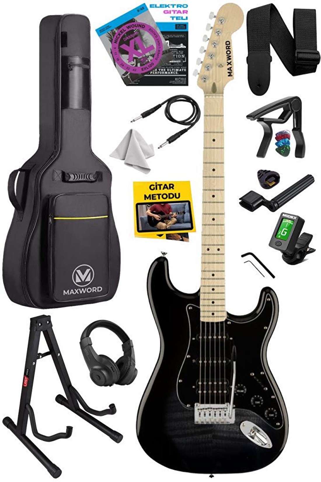 Maxword MAP-45BK-ST Siyah Elektro Gitar Seti HSS Manyetik Maple Klavye Strat Kasa