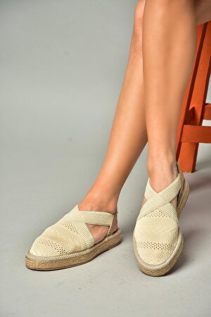 S404010106 Bej Dantel Kumaş Kadın Espadril Sandalet