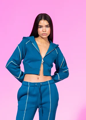 Petrol Blue Zipped-Up Crop Hoodie