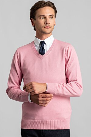 Erkek Slim Fit V Yaka Pamuklu Pembe Triko Kazak