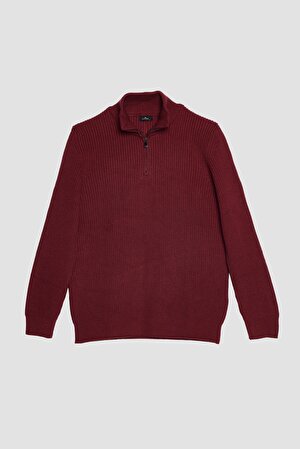 Erkek Slim Fit Dar Kesim Dik Yaka Fermuarlı Bordo Triko Kazak