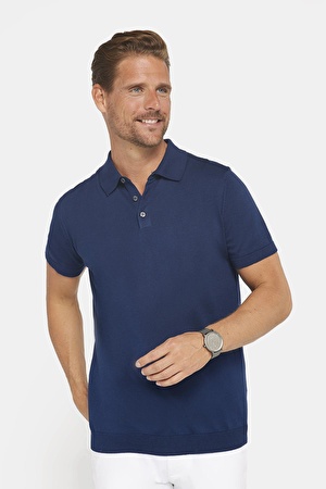 Erkek Slim Fit Dar Kesim Pamuklu Örme Triko Lacivert Polo Yaka Tişört