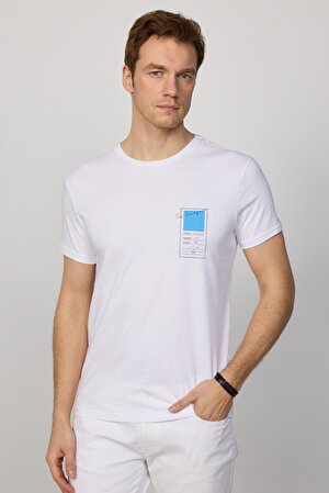 Erkek Slim Fit Dar Kesim %100 Pamuk Yumuşak Dokulu Baskılı Beyaz Bisiklet Yaka Tişört