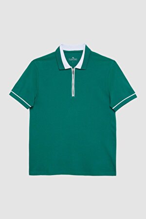 Erkek Slim Fit Dar Kesim %100 Pamuk Düz Pike Fermuarlı Yeşil Polo Yaka Tişört