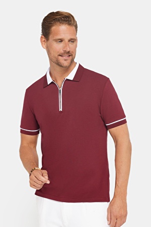 Erkek Slim Fit Dar Kesim %100 Pamuk Düz Pike Fermuarlı Bordo Polo Yaka Tişört