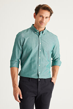 Erkek Yeşil Tailored Slim Fit Dar Kesim Düğmeli Yaka Oxford Gömlek