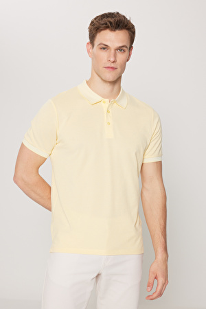 Erkek Sarı-Beyaz Slim Fit Dar Kesim Kıvrılmaz Polo Yaka Kısa Kollu Tişört