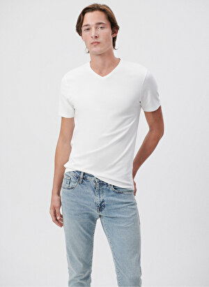  Mavi V Yaka Dar Düz Beyaz Erkek T-Shirt