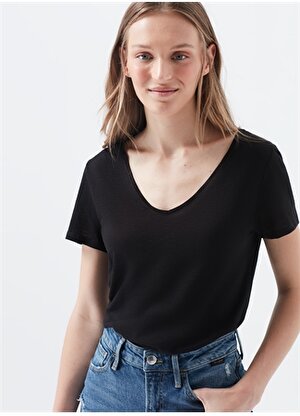 Mavi V Yaka Dar Düz Siyah Melanj Kadın T-Shirt