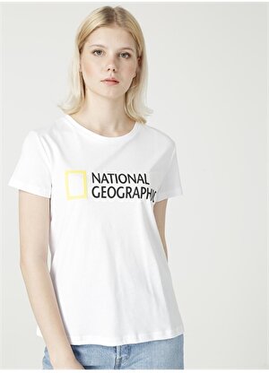 National Geographic W-Superior Bisiklet Yaka  Standart Kalıp Baskılı Beyaz Kadın T-Shirt