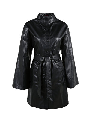 Selma Çilek Siyah Kadın Dik Yaka Deri Görünümlü Elbise SLM-76 