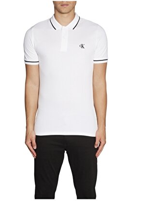 Calvin Klein Jeans Polo Dar Düz Erkek Beyaz Polo T-Shirt J30J315603-YAF TIPPING SLIM POLO