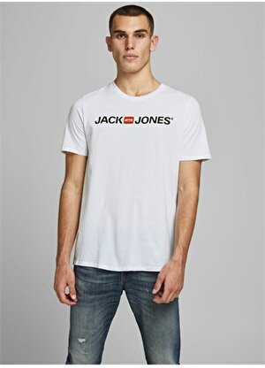 Jack & Jones Bisiklet Yaka Kısa Kol Slim Fit Baskılı %100 Pamuk Beyaz Erkek T-Shirt