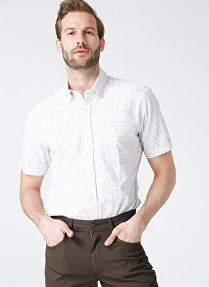 Beymen Business Düğmeli Turuncu Beyaz Kareli Erkek Kısa Kollu Gömlek