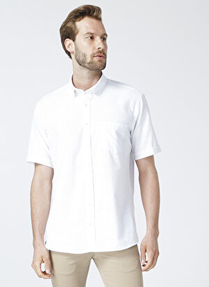 Beymen Business Düğmeli Yaka Comfort Fit Armürlü Beyaz Erkek Kısa Kollu Gömlek