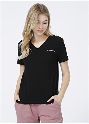 Skechers S212399-001 New Basics W V Neck Tee V Yaka  Normal Kalıp Düz Siyah Kadın T-Shirt