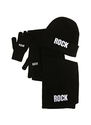 Funky Rocks Ht01  Siyah Unisex Nakışlı Atkı-Bere-Eldiven Takımı  