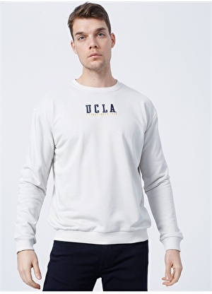 Ucla Guerne Bisiklet Yaka Uzun Kollu  Oversized Nakışlı Bej Erkek Sweatshirt