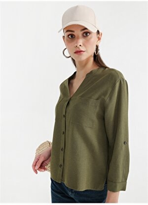 Fabrika Haki Kadın V Yaka Basic Keten Gömlek RIPON-Y  