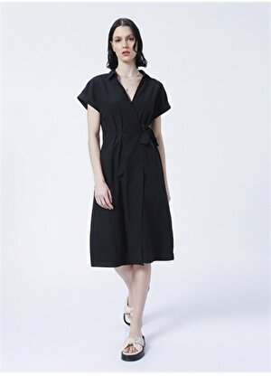 Fabrika Comfort CM-Netta Kruvaze Yaka Basic Düz Siyah Kadın Elbise