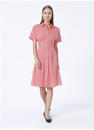 Fabrika Gömlek Yaka Çizgili Midi Beyaz - Kırmızı Kadın Elbise DEMSEY-22