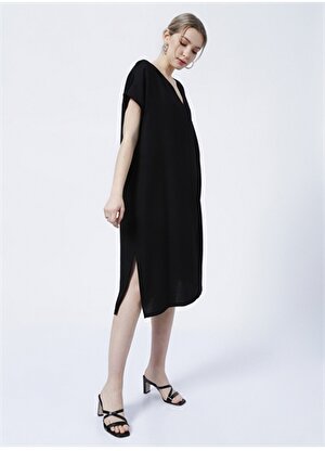 Fabrika Comfort V Yaka  Geniş Fit Düz Siyah Kadın Elbise  -  CM-BABS