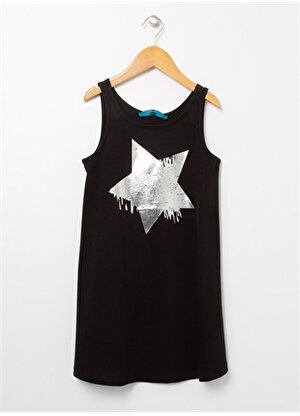 Funky Rocks Düz Yaka  Standart Kalıp Baskılı Siyah Kız Çocuk Diz Üstü Elbise  -  GLG-22