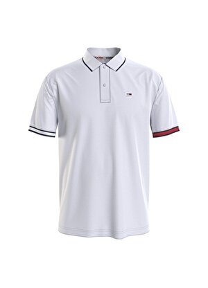 Tommy Jeans Düz Beyaz Erkek Polo T-Shirt DM0DM12963-YBR_TJM REG FLAG CUFFS P