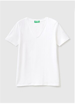 Benetton V Yaka  Normal Kalıp  Kadın Beyaz T-Shirt  -  3GA2E4230