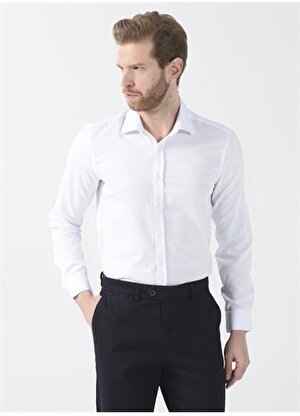Fabrika Slim Fit Klasik Gömlek Yaka Armürlü Beyaz Erkek Gömlek MAYDOS 11 CPSZ KLASIK