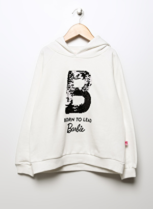 Barbie Ekru Kız Çocuk Kapüşonlu Uzun Kollu Pullu Sweatshirt 22BW-22  