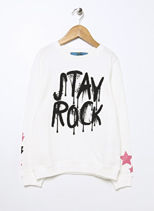 Funky Rocks Ekru Kız Çocuk Bisiklet Yaka Uzun Kollu Baskılı Sweatshirt PRG-15  