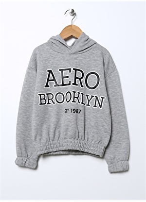 Aeropostale Gri Melanj Kız Çocuk Kapüşonlu Düşük Omuz Baskılı Sweatshirt 22WAG06  