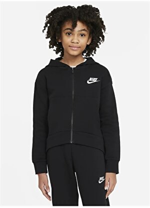 Nike Siyah Kız Çocuk Kapüşonlu Uzun Kollu Düz Eşofman Üstü DC7118-010 G NSW CLUB FLC FZ HOODIE  