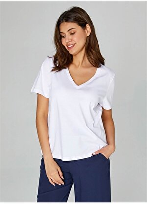 Faik Sönmez V Yaka Düz Beyaz Kadın T-Shirt B00095