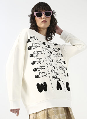 Fluffy Bisiklet Yaka Oversize Ekru Kadın Sweatshirt FFY-26