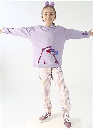 Fluffy Kapüşonlu Oversized Lila Kız Çocuk Sweatshirt FFY-01