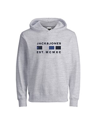 Jack & Jones Açık Gri Erkek Çocuk Kapüşonlu Uzun Kollu Baskılı Sweatshirt JCOFREDDIE SWEAT HOOD FST JNR  