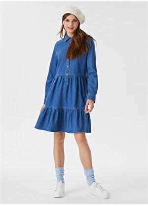 Lee Cooper Gömlek Yaka Düz Standart Koyu Mavi Kadın Elbise 231 LCF 144002 DIANE DENIM