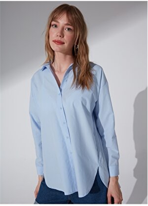 NGSTYLE Gömlek Yaka Düz Açık Mavi Kadın Bluz NGFGM-85