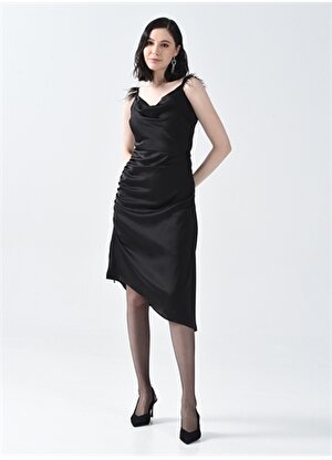 Pierre Cardin Degaje Yaka Siyah Diz Altı Kadın Büzgülü Saten Elbise LALIB