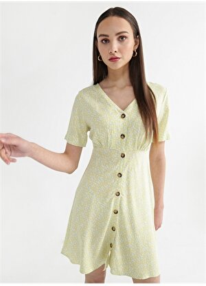 Fabrika V Yaka Leopar Desenli Sarı - Yeşil Mini Kadın Elbise TORO-Y4