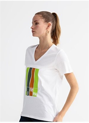 Fabrika V Yaka Baskılı Beyaz Kadın T-Shirt TUTTO
