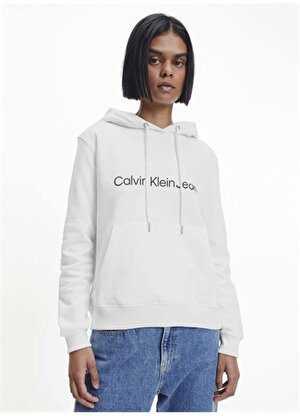 Calvin Klein Jeans Kapüşonlu   Rahat  Beyaz Kadın Sweatshirt J20J220254YAF