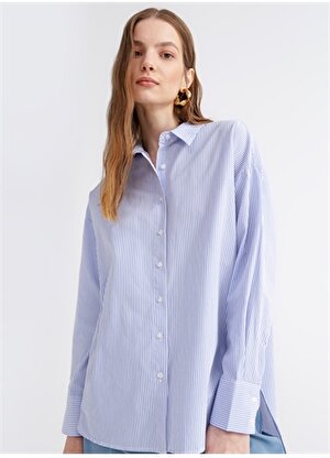 Fabrika Oversize Gömlek Yaka Çizgili Mavi - Beyaz Kadın Gömlek NADI-Y