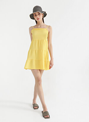 Fabrika Sarı Kadın Askılı Mini Geniş Fit Armürlü Kare Yaka Elbise NASU