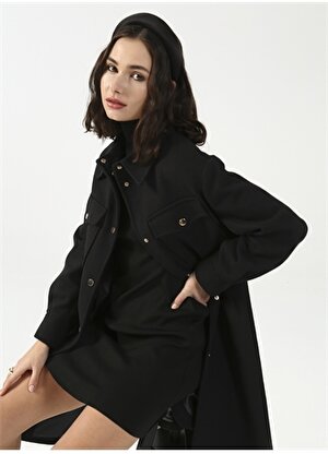 P By Paltoı Siyah Gömlek Yaka Kadın Düz Yün Kaşe Kaban 