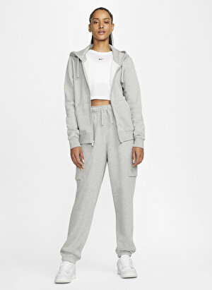 Nike Siyah - Gri - Gümüş Kadın Kapüşonlu   Zip Ceket DQ5471-063 W CLUB FLC FZ HOODIE STD